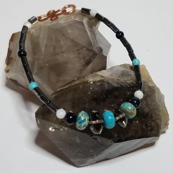 Bracelet - Smoky Quartz, Blue Jasper, Sandstone, Hematite - 7 in