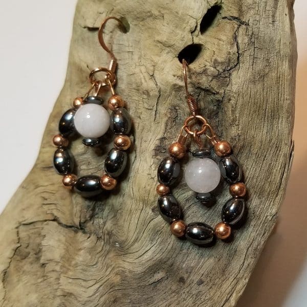 Earrings - Rose Quartz, Hematite, Copper