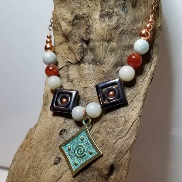 Necklace - Amazonite, Carnelian, Copper Spiral Pendant