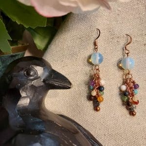 Earrings - Moonstone Glass with Dangling Chakra Beads