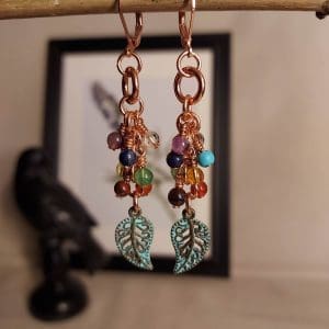 Earrings - Dangling Chakra Beads with Hanging Leaf