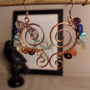 Earrings - Copper Wrapped Chakra Beads around Double Spiral