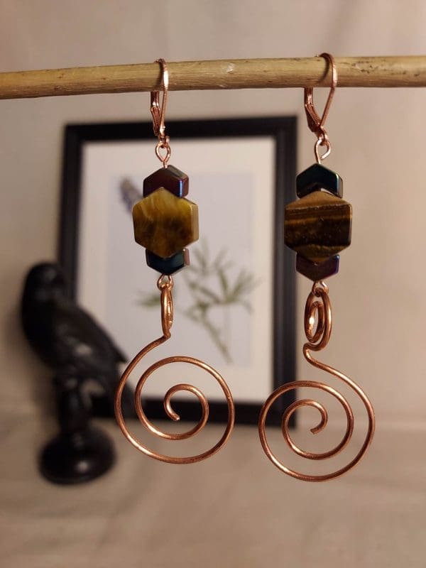 Earrings - Tiger Eye with Hematite and Copper Spiral