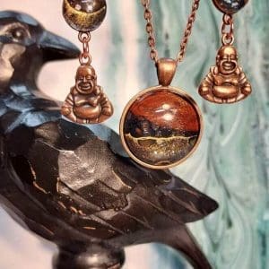 Earring and Pendant Set - Painted Glass with Copper Plated Buddha