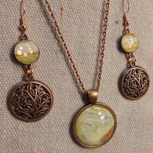 Earring and Pendant Set - Painted Glass with Filigree Leaves