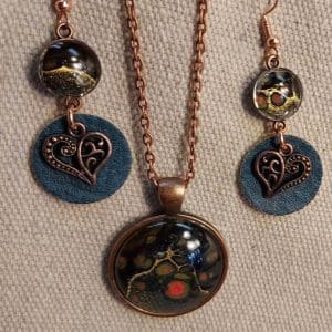 Earring and Pendant Set - Painted Glass with Leather & Hearts
