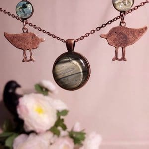Earring and Pendant Set - Painted Glass with Copper Birds