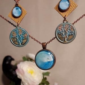 Earring and Pendant Set - Painted Glass with Leather and Tree