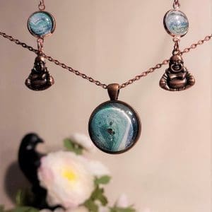 Earring and Pendant Set - Painted Glass with Copper Plated Buddha